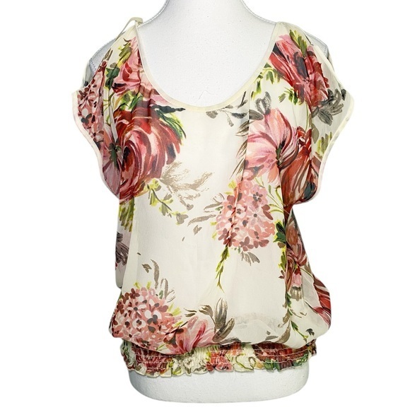 Wet Seal Tops - Wet Seal Pink and Cream Floral Semi Sheer Blouse